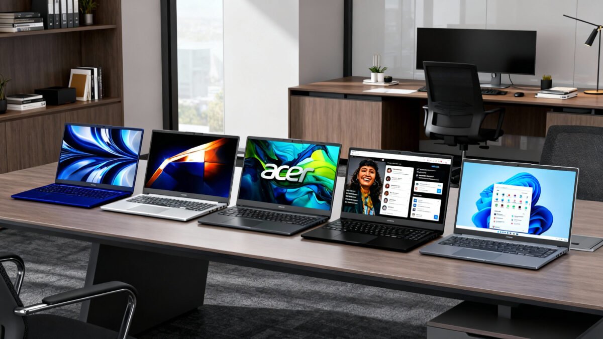 Notebook premium em suporte de alumínio conectado a um monitor externo de 27 polegadas