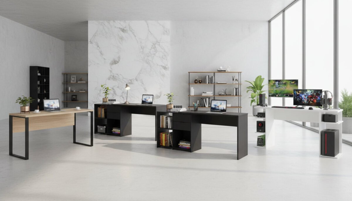 Mesa para Setup Home Office com regulagem de altura elétrica e cadeira ergonômica de tela mesh