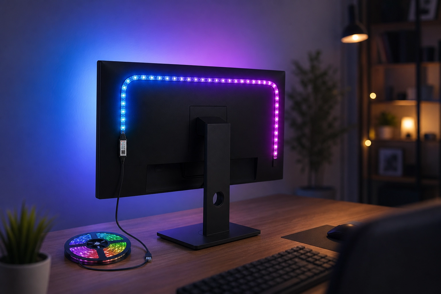 Fita de LED inteligente RGB instalada atrás de monitor