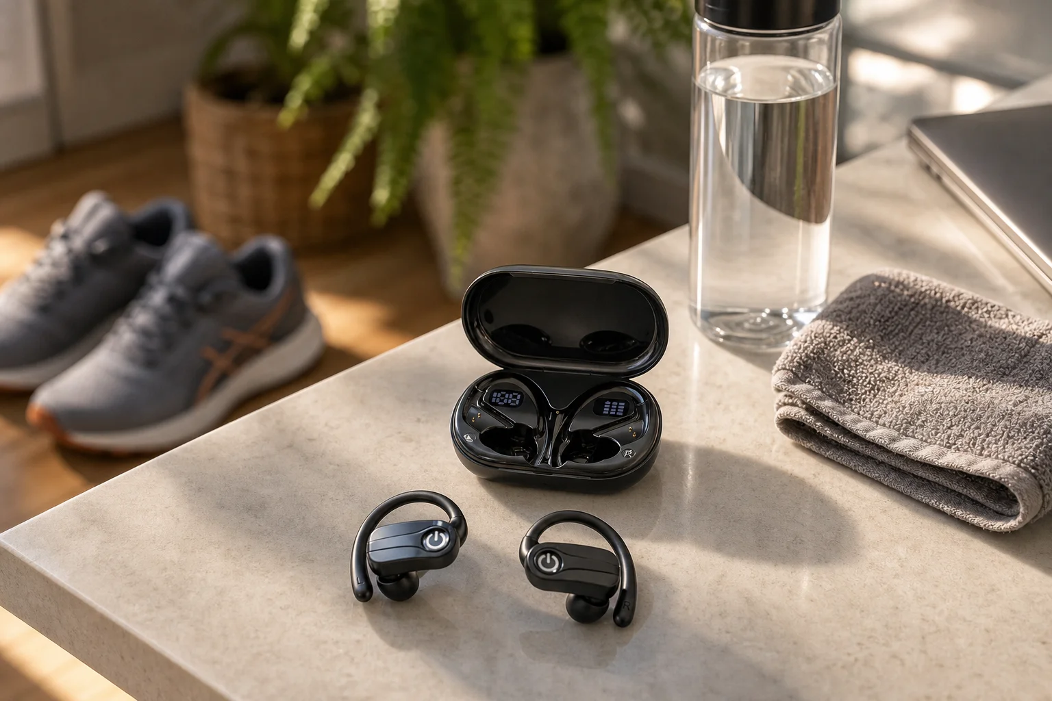 Fone Mertto Q63 in-ear esportivo com gancho de orelha e display LED